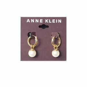 Anne Klein Gold Tone Hoop Earrings with Faux Pearl Drop Charms Women Jewelry
